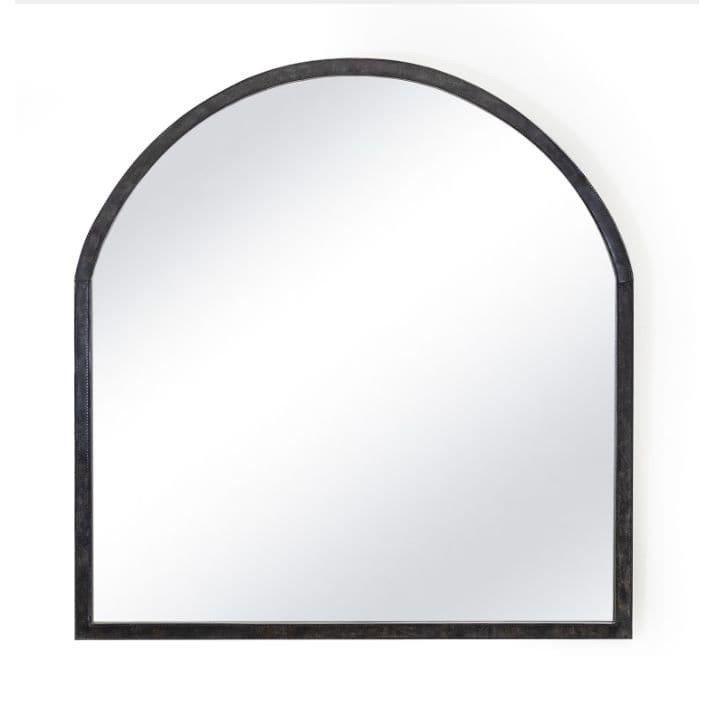 Knox black leather arched mantle mirror with a modernized silhouette.
