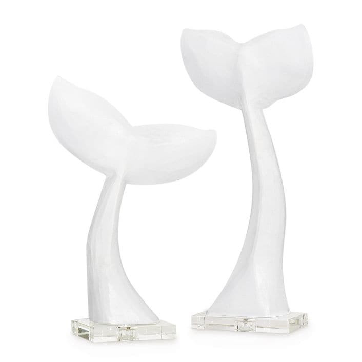 White resin whale tail tabletop accessories, a duo of unique whimsical decor.