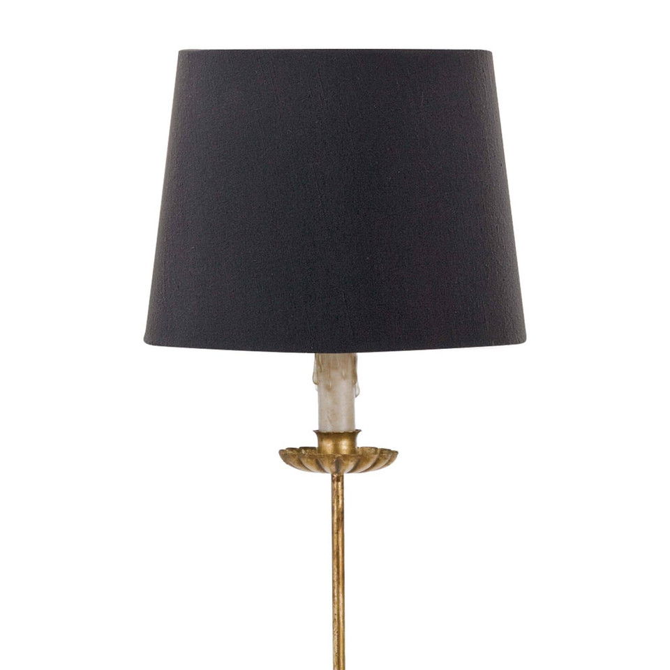 Elegant Clove Stem Buffet Table Lamp with antiqued gold base and black linen shade.