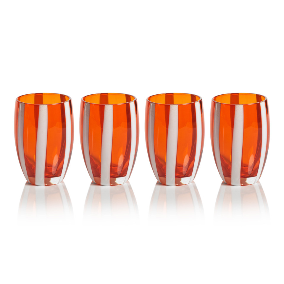 Pesaro Orange w/ White Stripes Stemless Glasses, Set 4 - Glass Side View | Bone & Brass