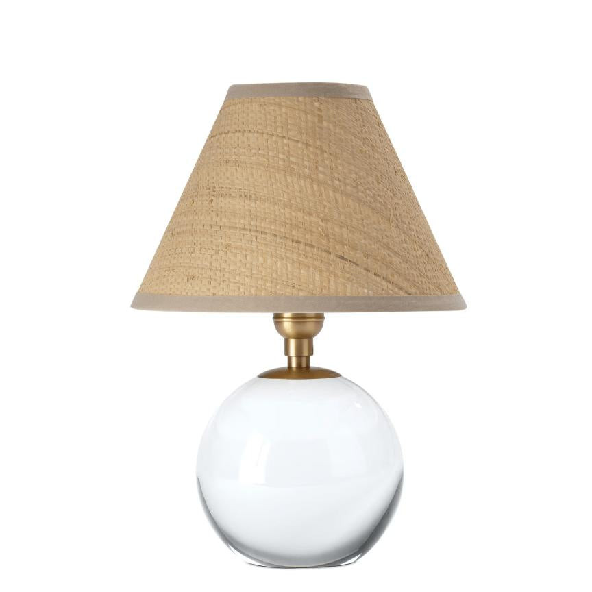 Giorgio Crystal Mini Lamp with a clear, spherical base, brass hardware, and a natural rattan shade.