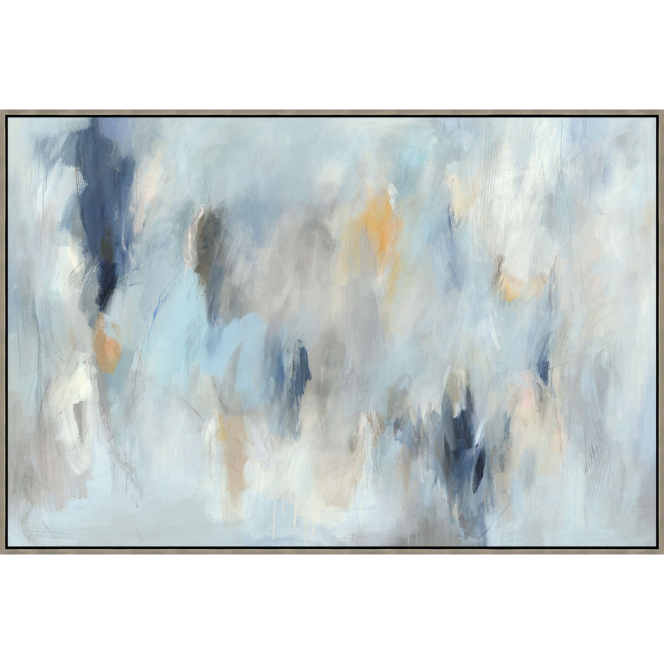 Abstract giclee painting by Guseul Park with blue, gray, white, and orange brushstrokes in a gold frame.