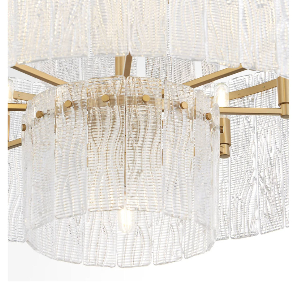 Orinder 9-light aged brass chandelier with hand-pressed textured and clear glass panels, 32" diameter.