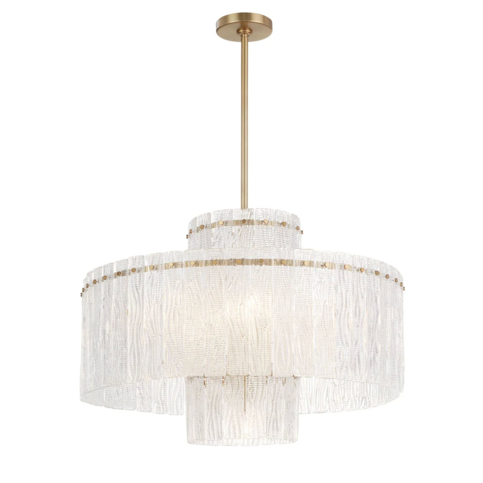 Orinder 9-light aged brass chandelier with hand-pressed textured glass panels and clear glass pieces.
