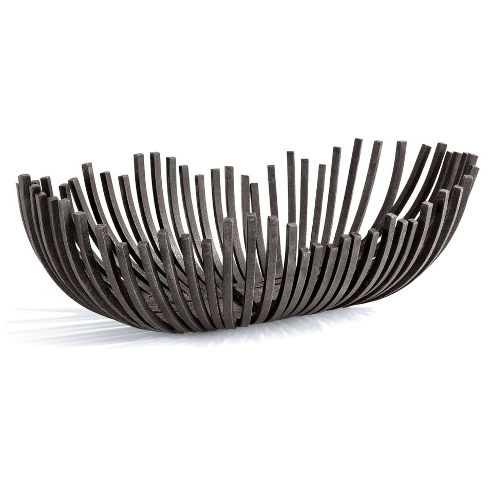 Sculpted webbed decorative bowl in blackened iron, featuring a unique open-bar design.