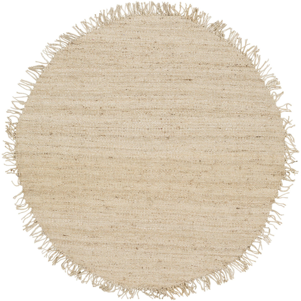 Round beige jute bleach hand-woven rug with fringed edges.
