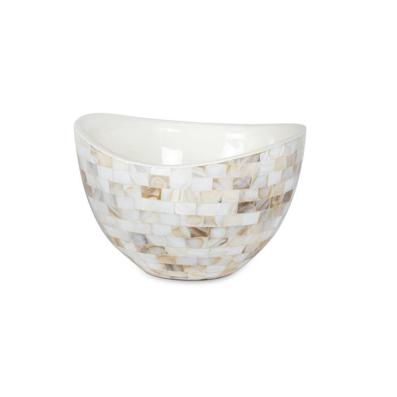Jake Mother Pearl Bowl, 7.5" wide, with iridescent square mosaic tiles in white, cream, and beige.