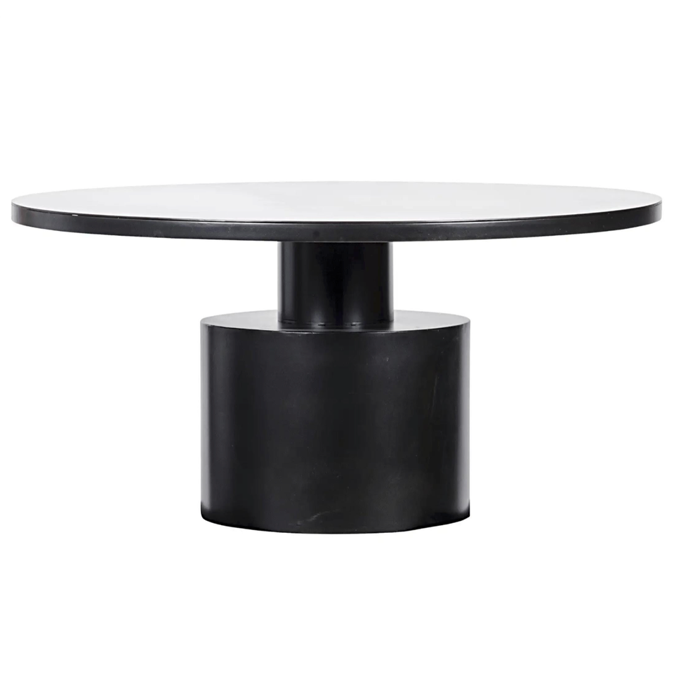 Marlow round black steel dining table with a minimalist design and sturdy cylindrical base.