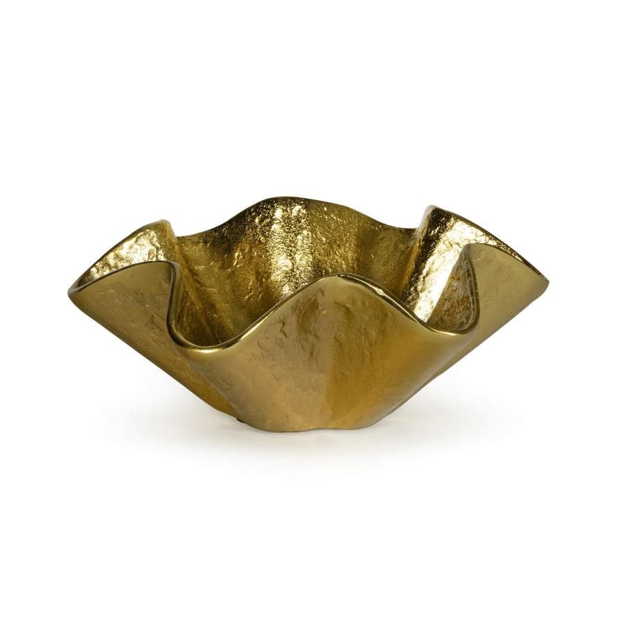Small gold metallic Pedicoat bowl with ruffled edges, a stylish and enduring decor piece.