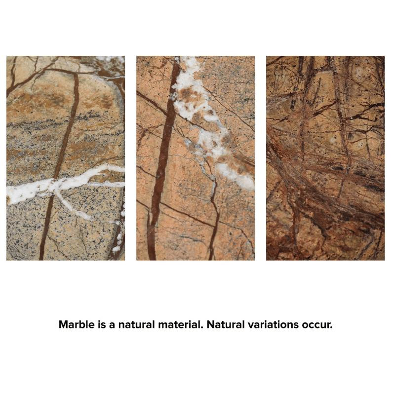 Three close-up panels show natural variations in brown and beige marble with white and dark veining.