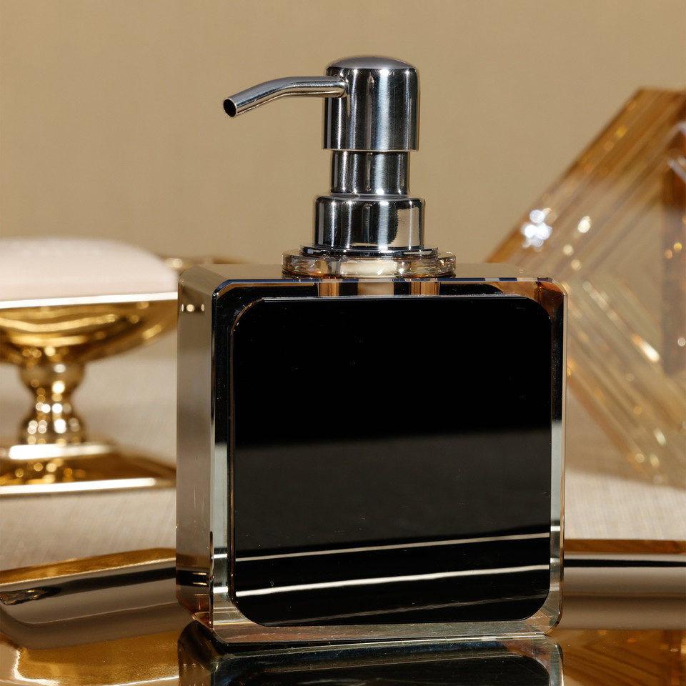 Crystal Tonal Black & Amber Glass Soap Dispenser - Dispenser Detail | Bone & Brass