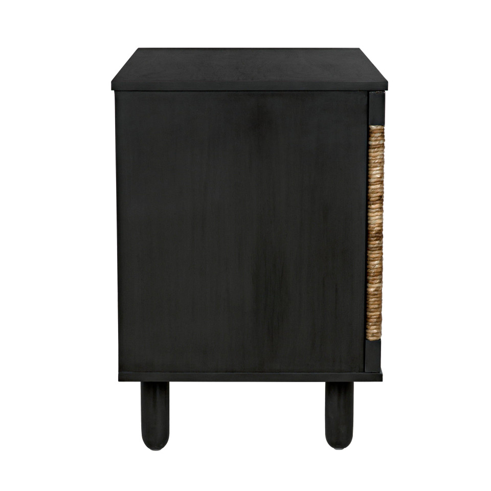 Black mahogany sideboard with natural sea grass door accents and rounded legs.
