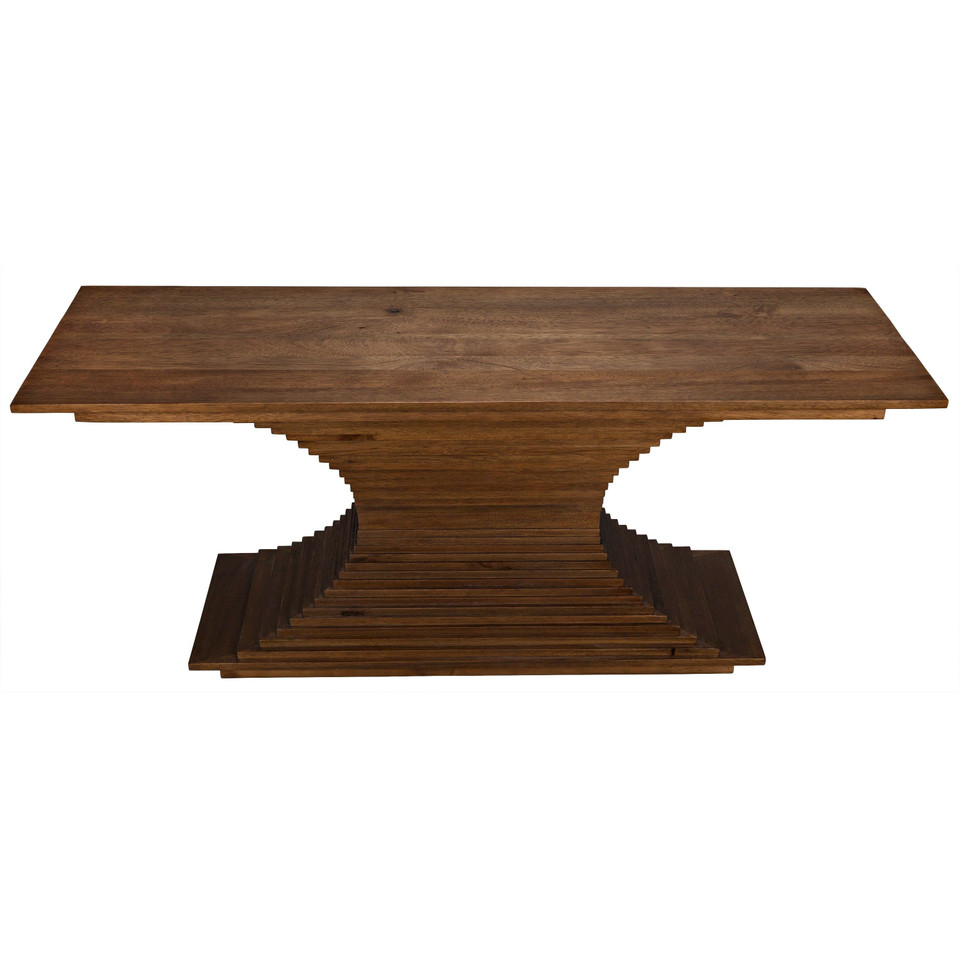 Dark walnut console table with a hand-carved, ridged hourglass base and simple rectangular top.