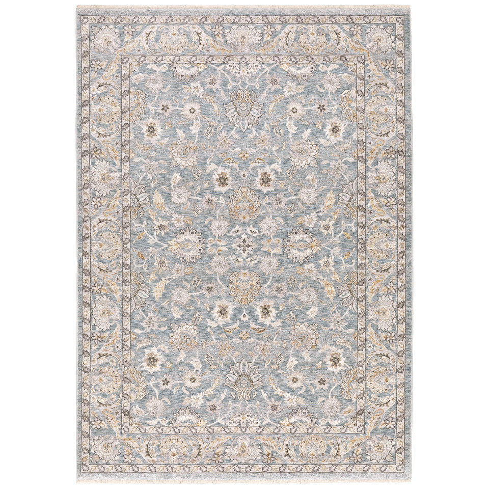 Maharaja Blue & Ivory Traditional Rug with intricate floral patterns, made from space-dyed polyester.