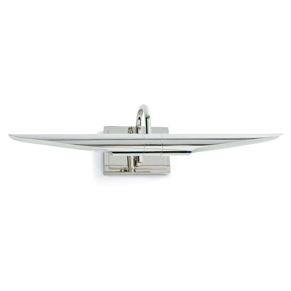 Redford Small Picture Light in polished nickel, 22" wide, with a sleek, rotating museum-style design.