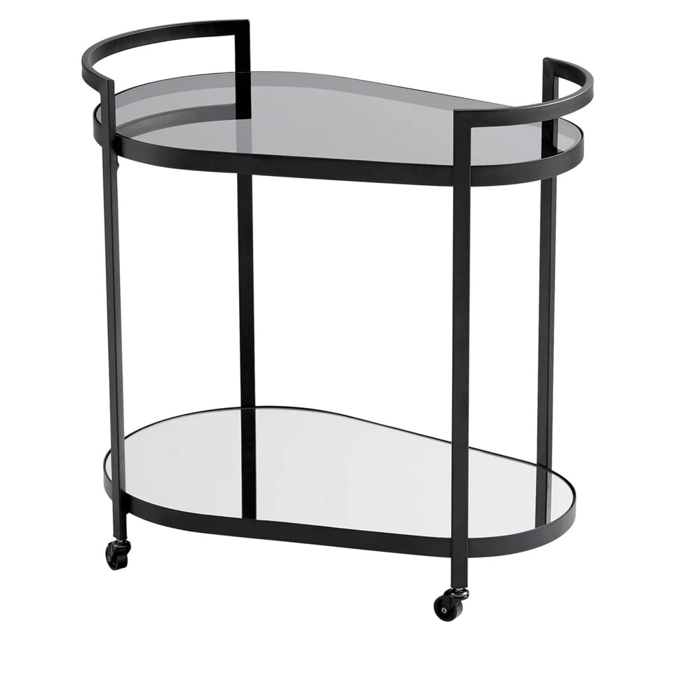 Black metal bar cart with two oval tempered glass shelves and wheels.