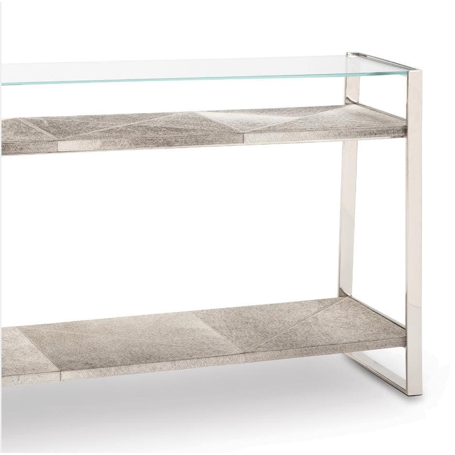 Andres Polished Nickel Hair on Hide Console with glass top and two gray hide shelves.