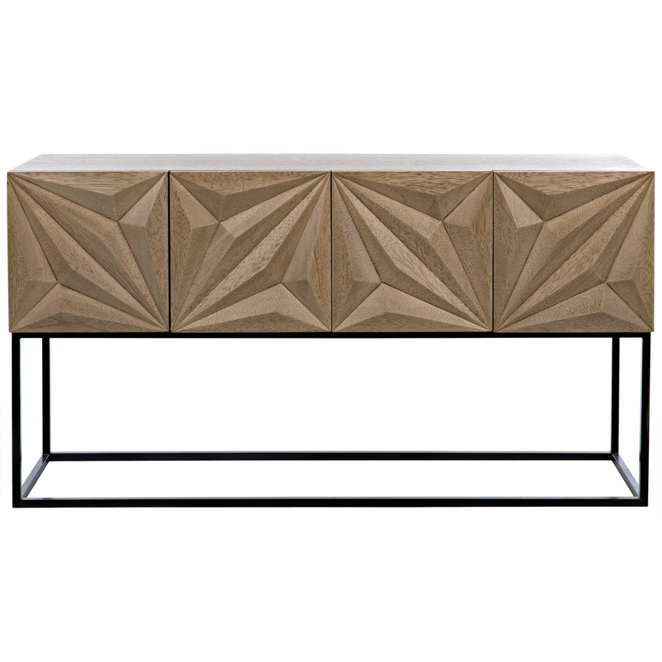 Bleached walnut console with four doors featuring carved diamond and rhombus patterns on a black steel base.