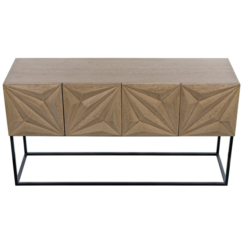 Bleached walnut console with four doors featuring hand-carved diamond and rhombus patterns on a black steel base.