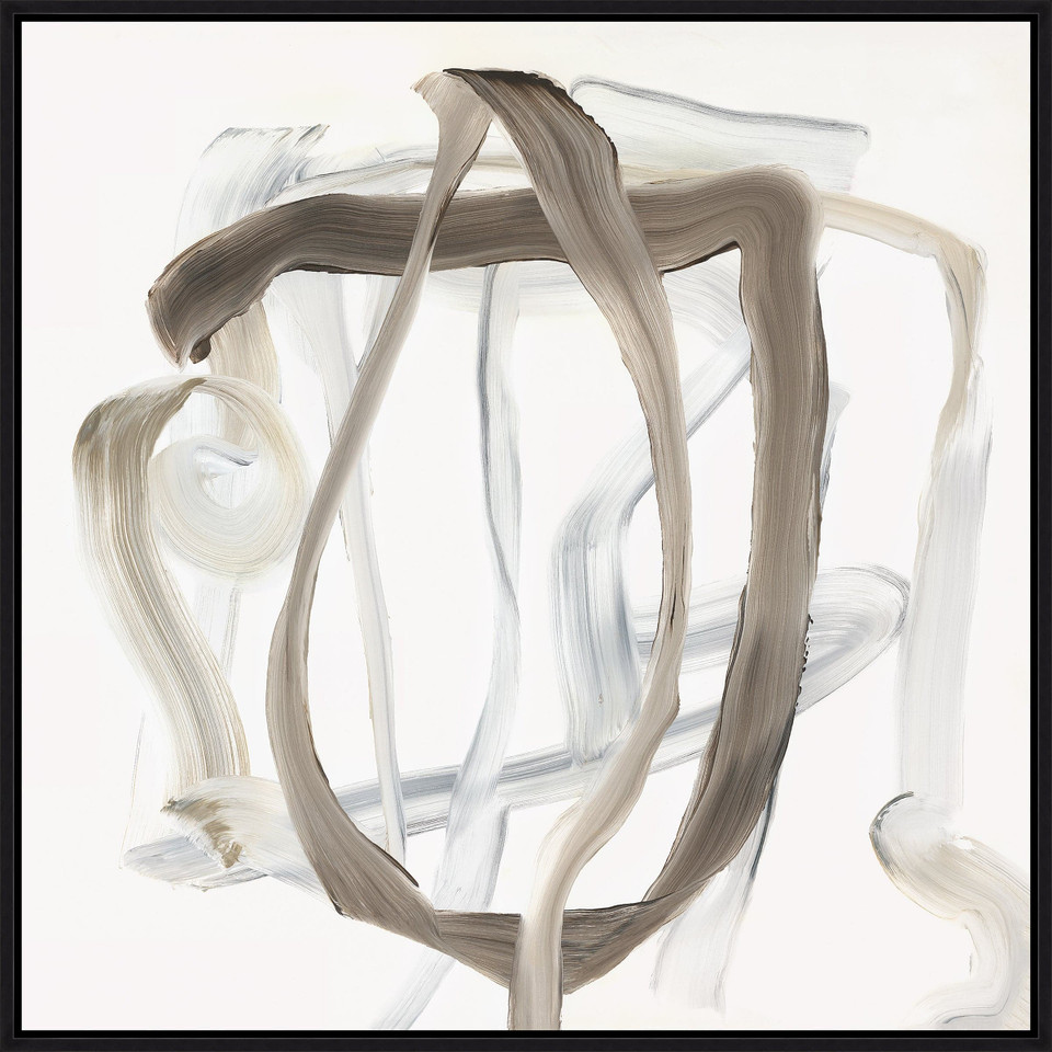 Whirl Giclee Painting, a gallery-wrapped canvas print with abstract silver and bone brushstrokes.