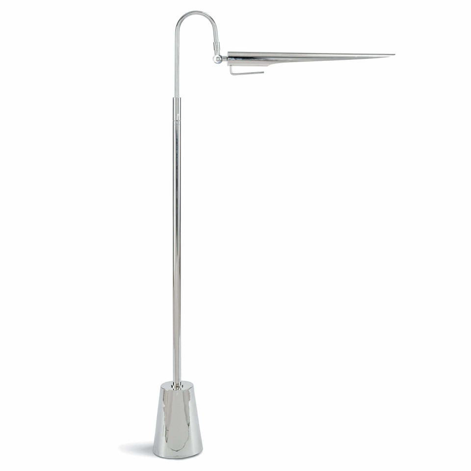 Raven floor lamp in polished nickel, featuring an adjustable, aerodynamic, bird-like shade.