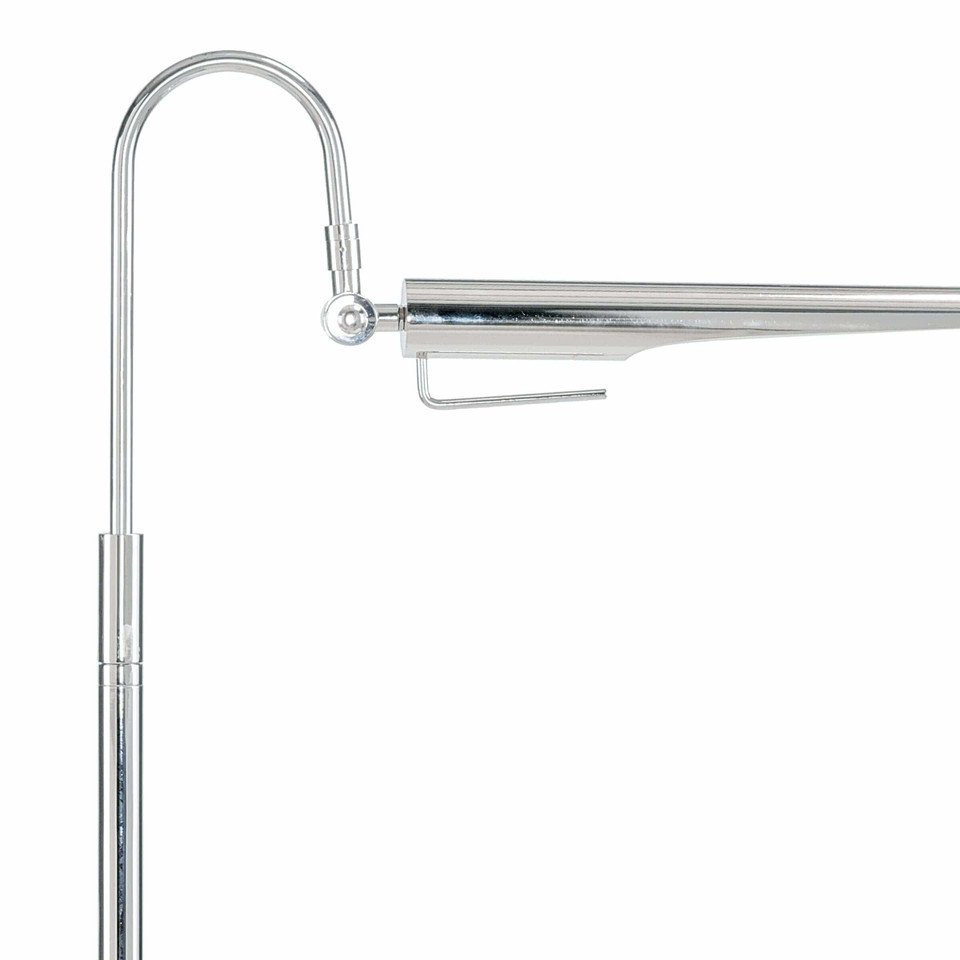 Raven floor lamp in polished nickel with an adjustable, bird-like shade and sleek, aerodynamic design.