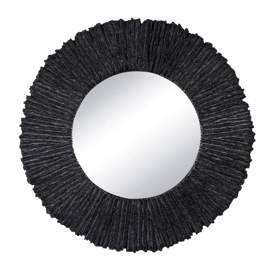 36" round Slate Black Mirror with a textured, rugged frame, inspired by natural slate stone.