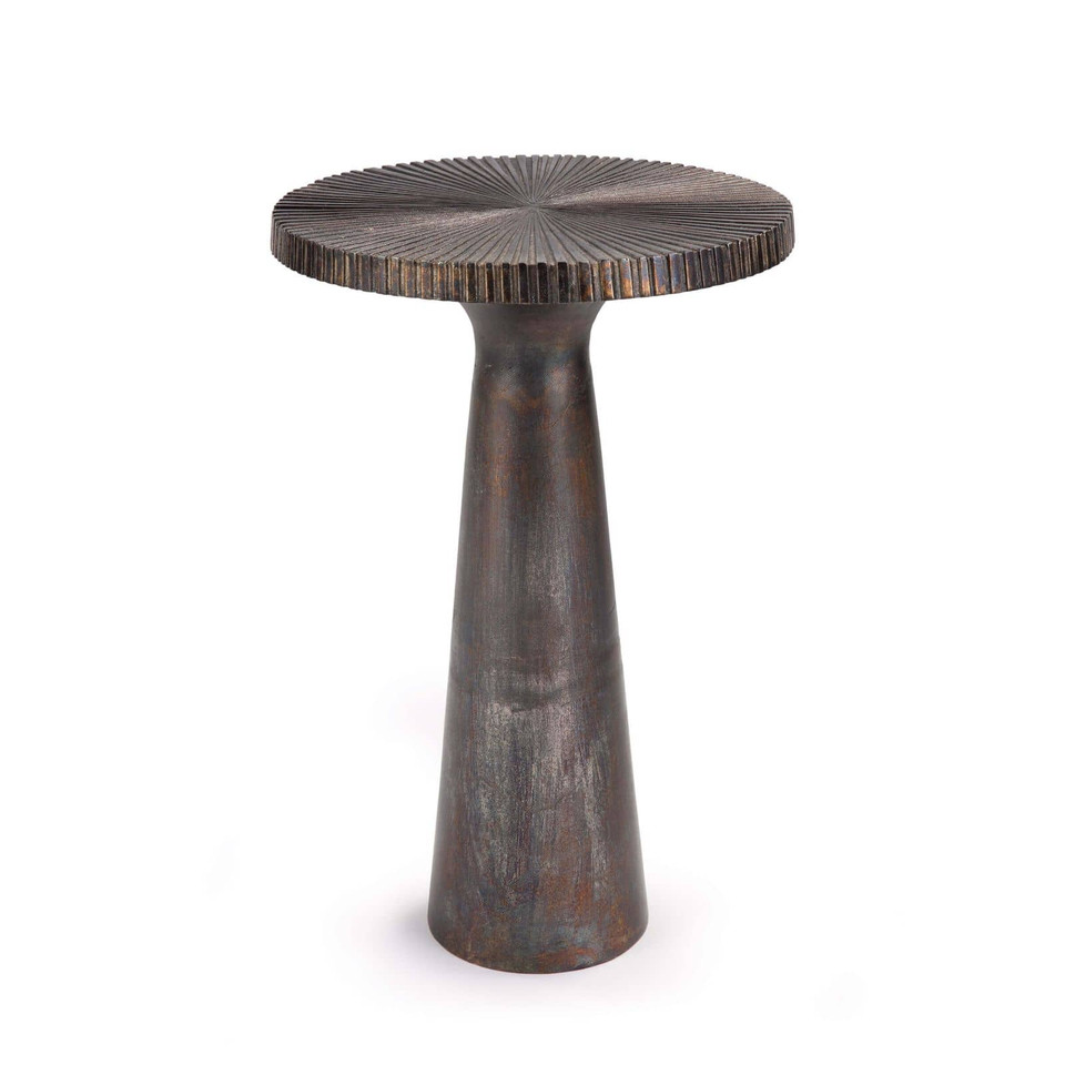 Ellis Blackened Zinc Accent Table, sand-casted aluminum with a textured round top and conical base.