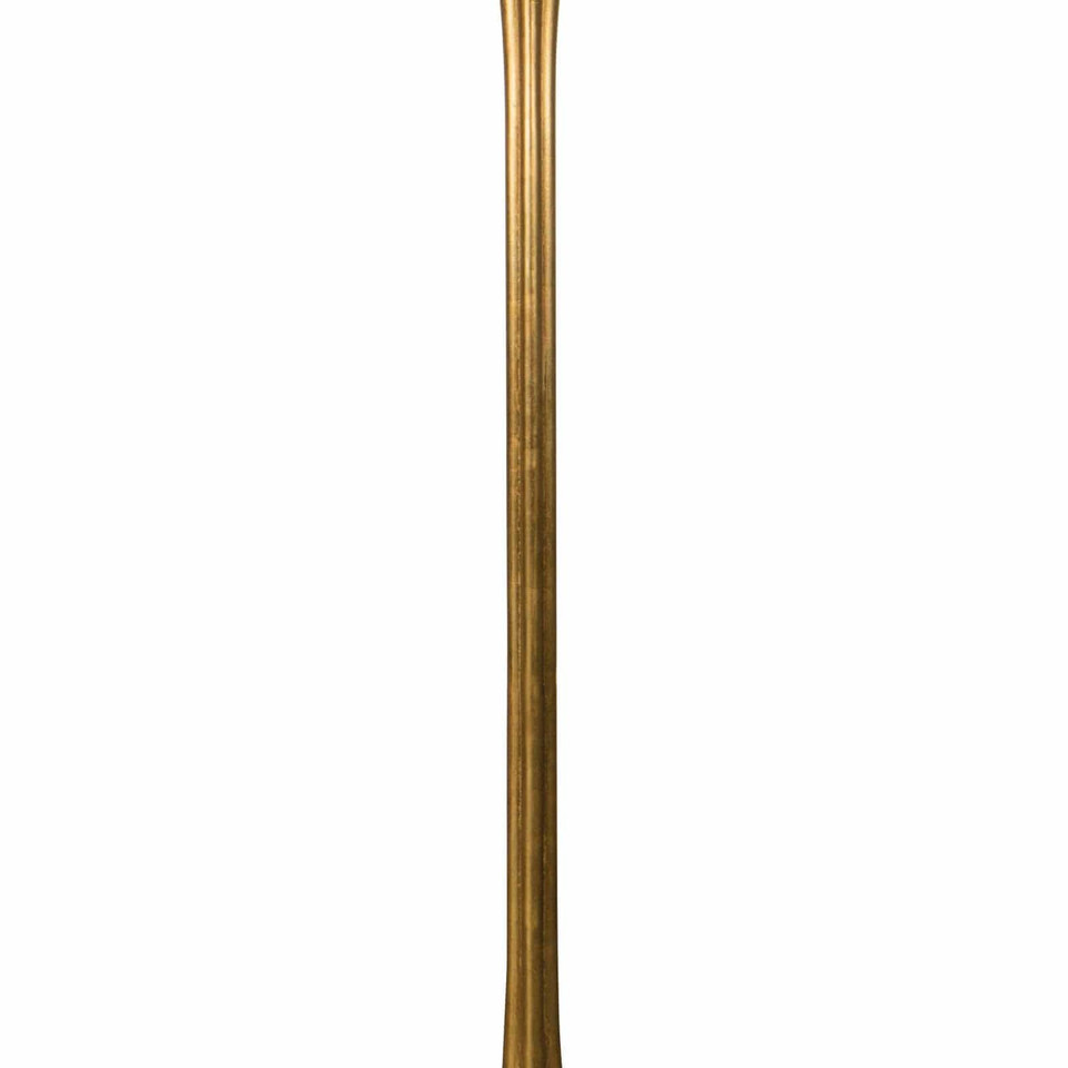 Lillian floor lamp with a sleek, modern brass silhouette and natural linen shade.