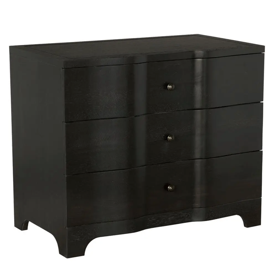 Ebony or dark walnut Claud chest with three waved drawers and round pulls.