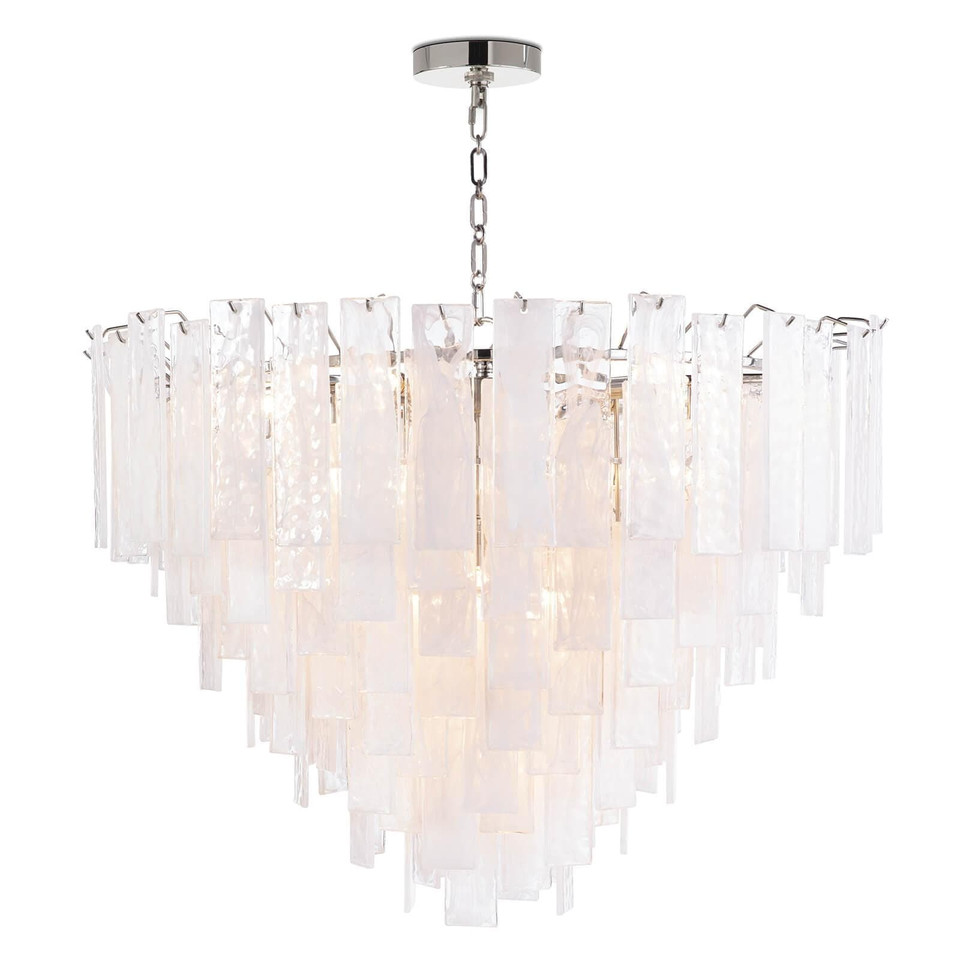 Large Glacier chandelier with polished nickel frame and tiered water glass panes.
