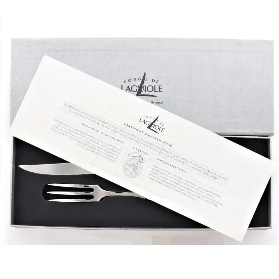 Laguiole XL Carving Set Olive Wood Handle Shiny Finish - Set Detail | Bone & Brass