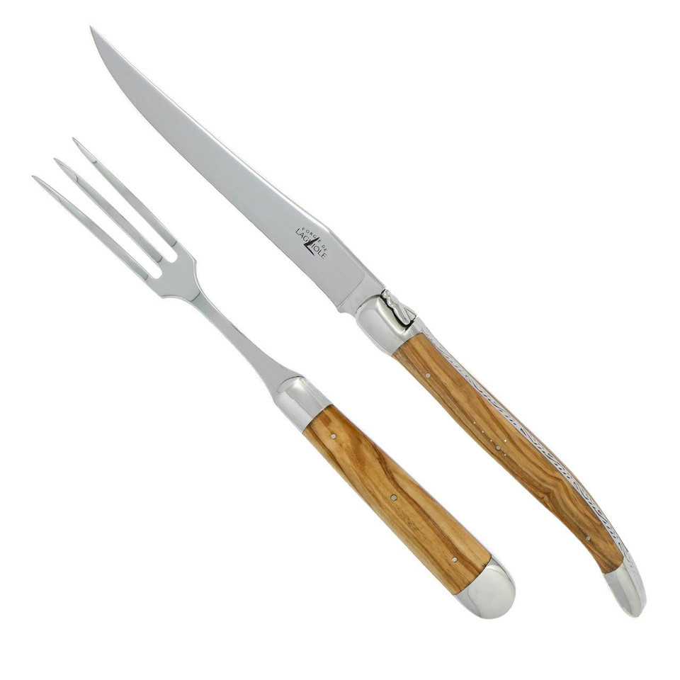 Laguiole XL Carving Set Olive Wood Handle Shiny Finish | Bone & Brass