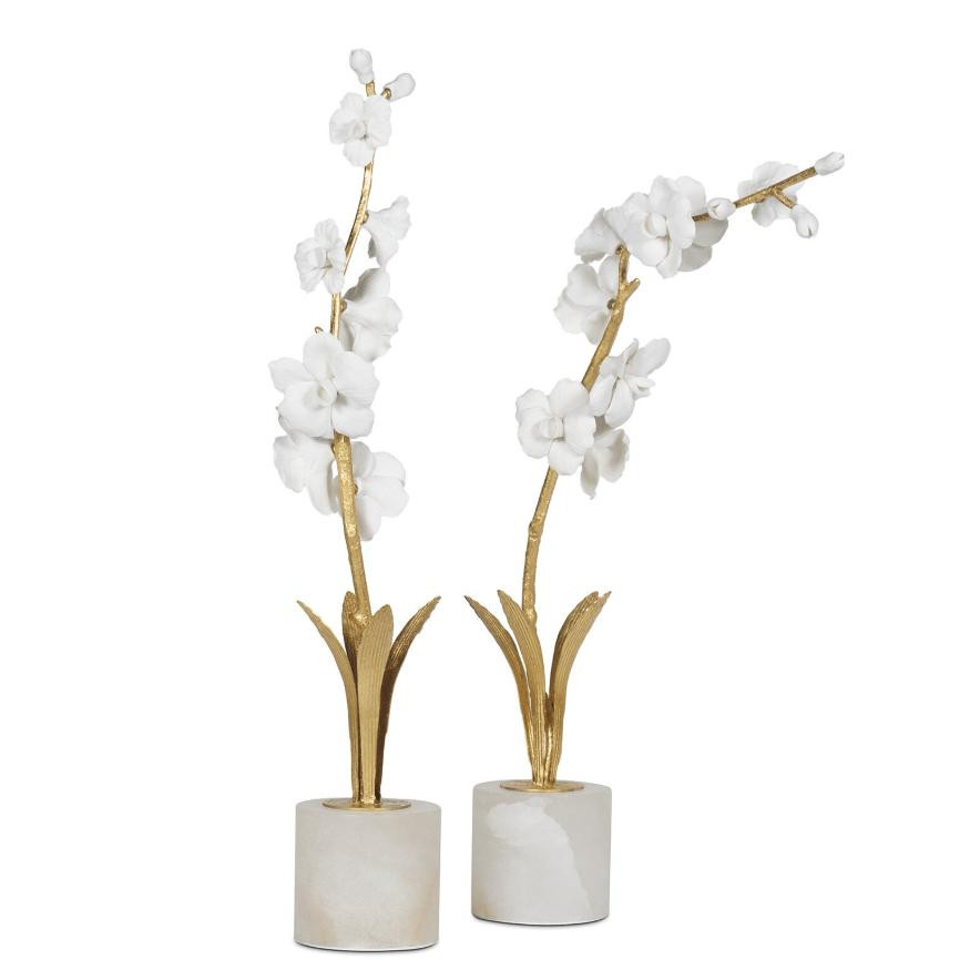 Pair of Thylane Orchid Brass & Marble Sculptures with white porcelain blossoms and gold-leaf stems.