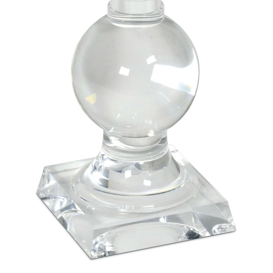 Clear acrylic accent table base with a spherical detail and square bottom.
