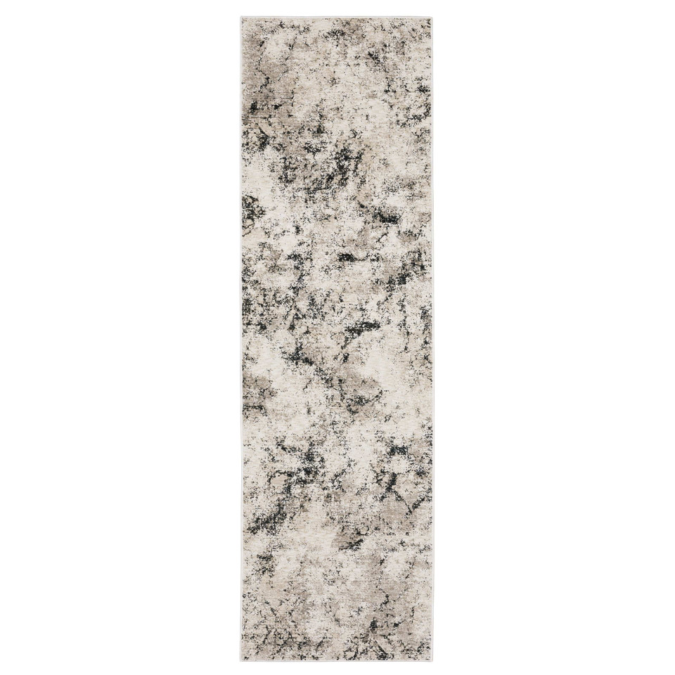 Nebulous ivory & grey abstract rug with dense, low-profile polyester yarns and multi-level texture.
