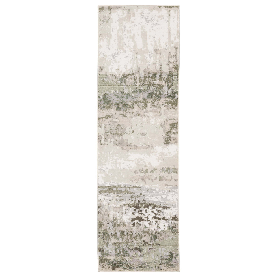 Caravan Beige & Green Contemporary Rug, a power-loomed polyester runner with a textured, multi-level surface.