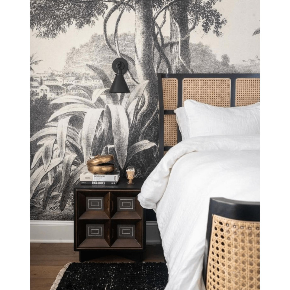 Portia mahogany bed with hand-rubbed black finish, natural cane paneling, and curved headboard.