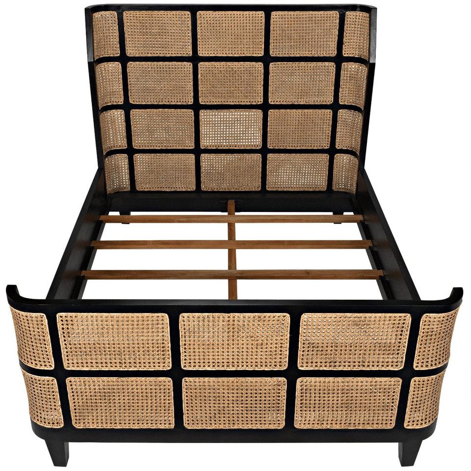 Portia mahogany bed with hand-rubbed black finish and naturally finished cane paneled headboard and footboard.
