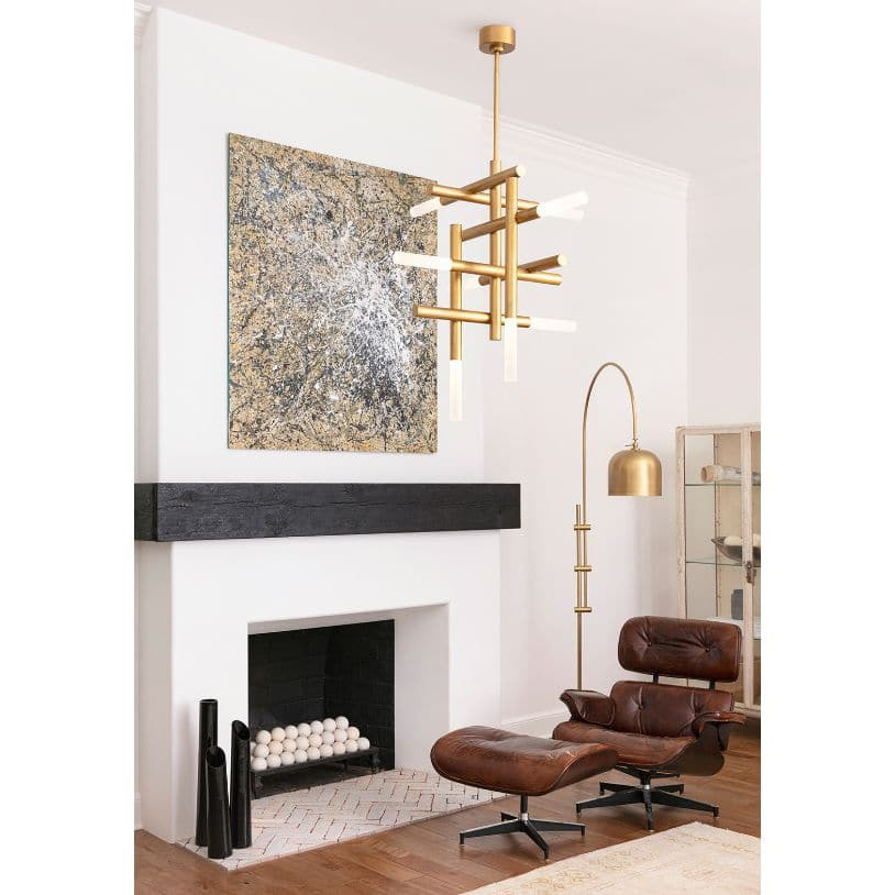 Modern Cass natural brass chandelier with frosted acrylic diffusers, 40.5"H x 38.25"W.