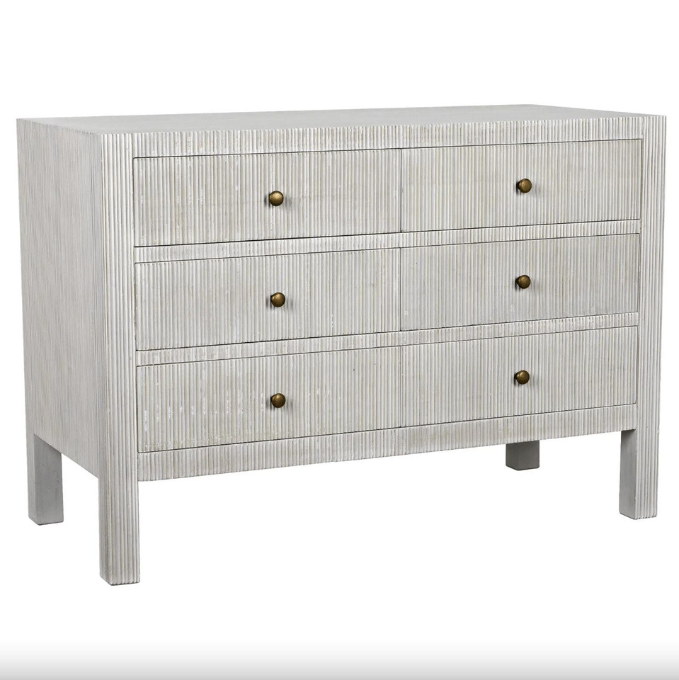 White solid mahogany Conrad 6-drawer dresser with textured finish and brass hardware, coastal style.