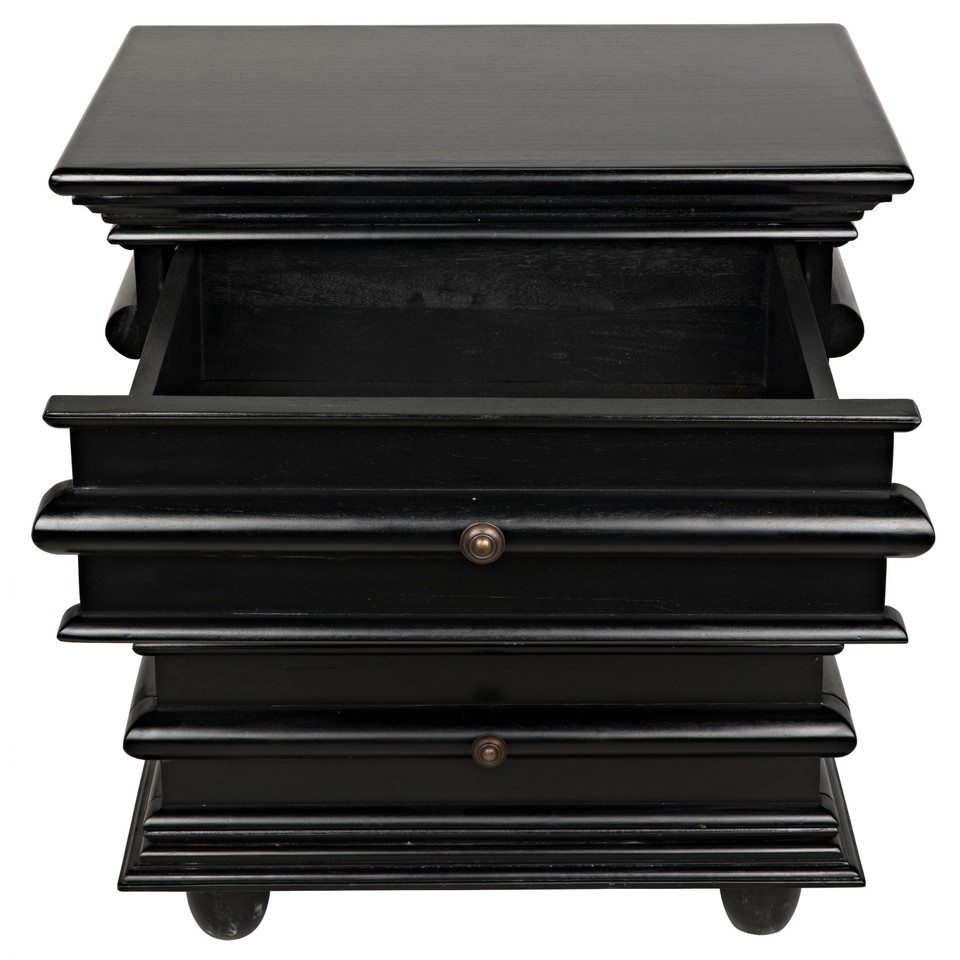 Ascona hand-rubbed black mahogany side table with three drawers and brass hardware.