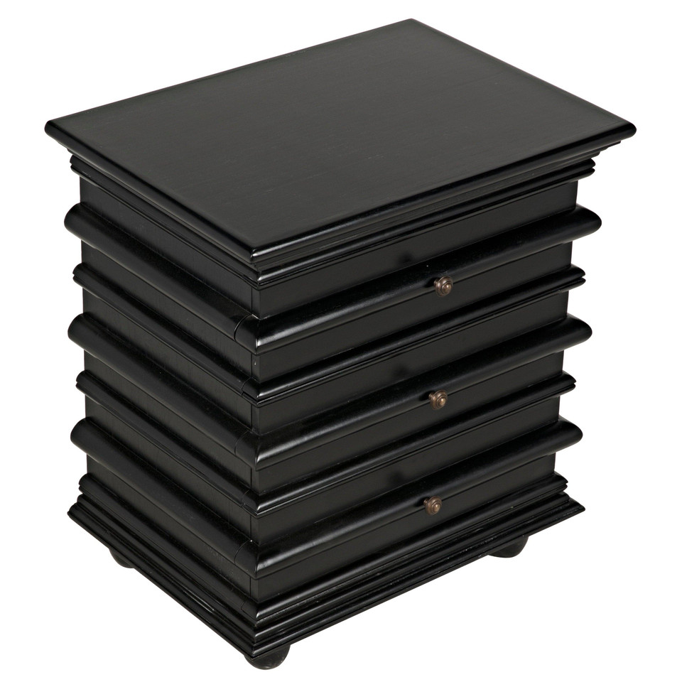 Ascona Hand Rubbed Black mahogany side table with three drawers and coordinating hardware.