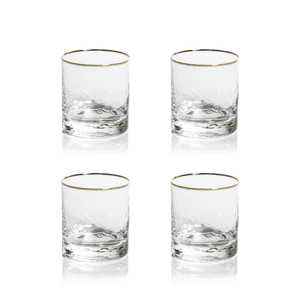 Hammered Glass Gold Rim Double Old Fashioned Glasses, Set of 4 - Glass Stem Detail | Bone & Brass