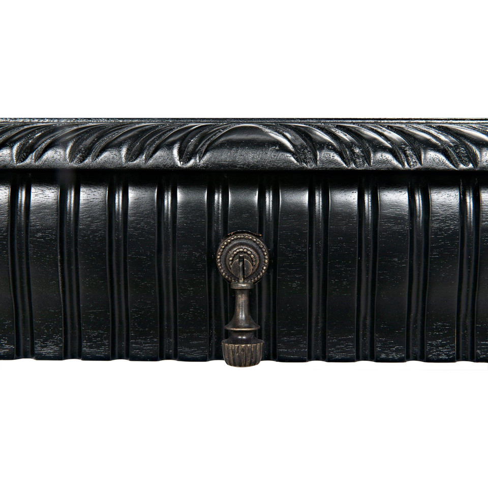 Black Portuguese solid mahogany desk with hand-rubbed finish, spool turning, and metal and brass pull.
