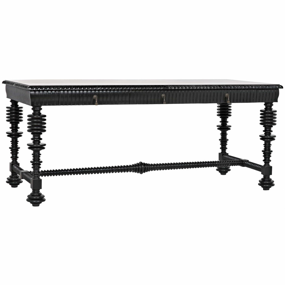 Black hand-rubbed solid mahogany desk with spool turning legs and metal/brass pulls.