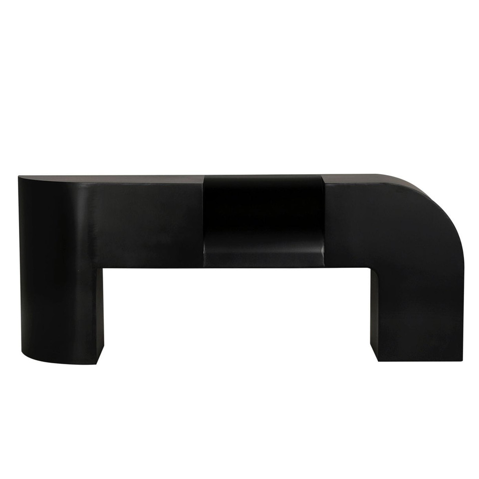 Craftor Black Console Table, 75"W industrial steel with matte black finish, modern design, curved ends, and central open shelf.