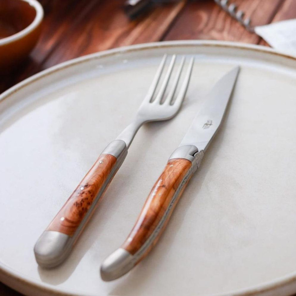 Forge de Laguiole 2 Piece Steak Knife Set Juniper Handle Satin Finish - Knife Detail | Bone & Brass
