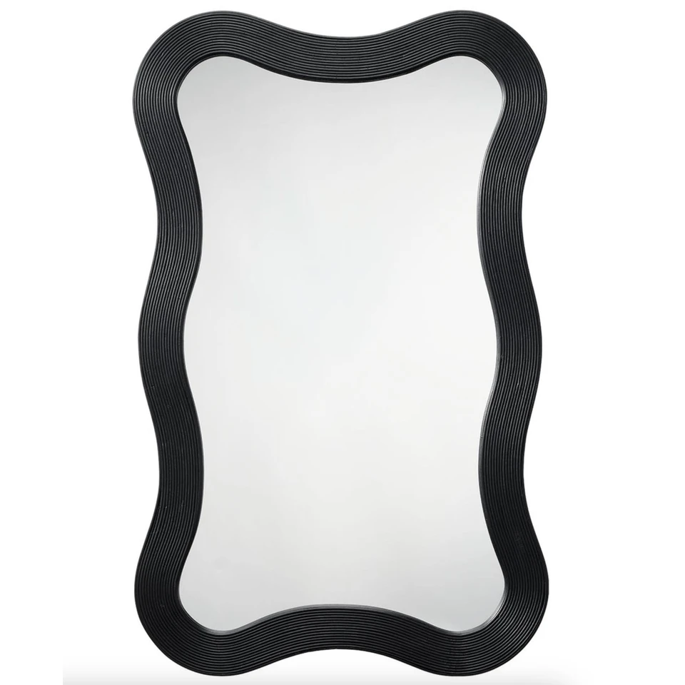 Black natural Dali Wavy Bamboo Wall Mirror with gently curved lines and linear textures.