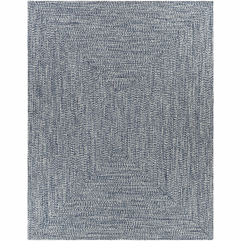 Chesapeake Bay denim blue and cream braided polypropylene outdoor rug with no pile.